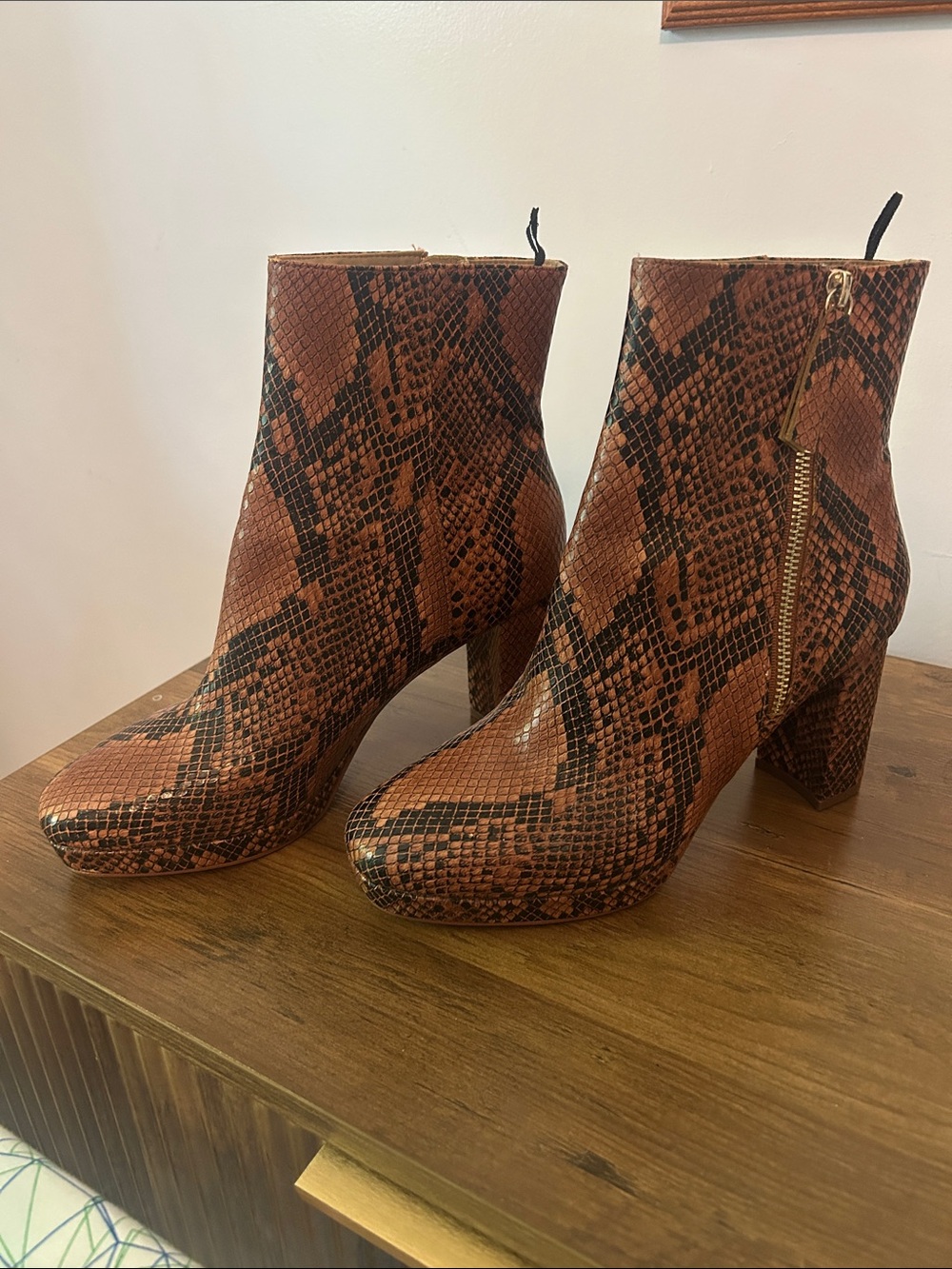 H&M Brown Snake-Print Ankle Boots with Gold Zip